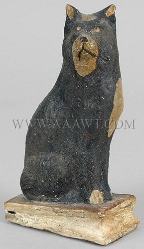 Antique Squeak Toy, Seated Dog, Black Paint, 19th Century, angle view